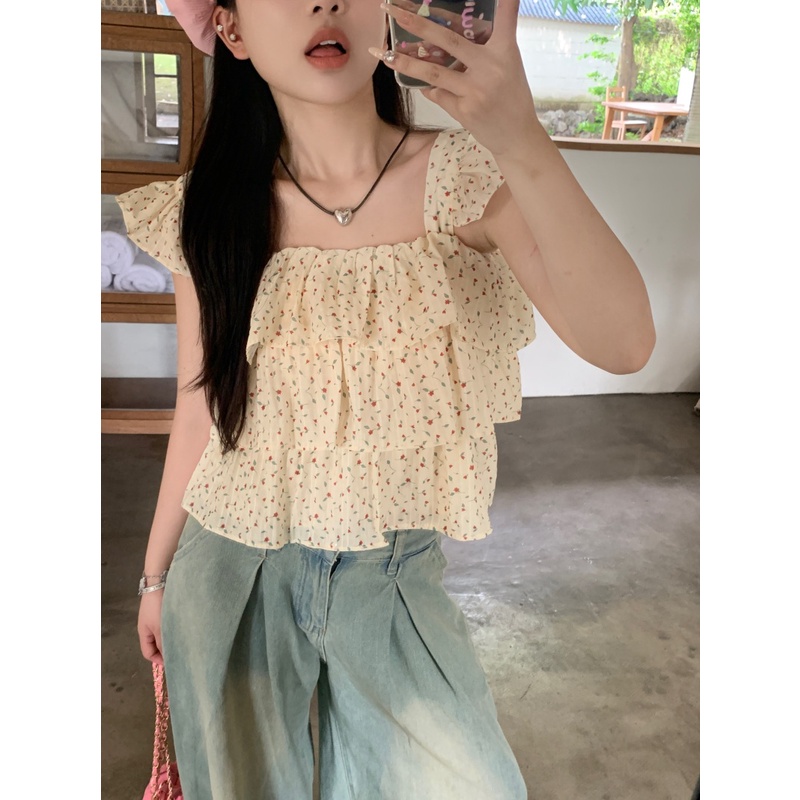 Áo Ren Hoa Cổ Vuông Thiết Kế Xinh Xắn Cho Nữ