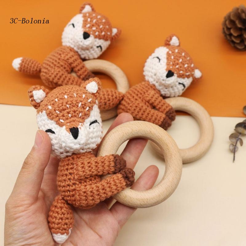 [PC] Đồ Chơi Lục Lạc Gặm Nướu Bằng Cotton Dệt Kim Thủ Công Không BPA Hình Động Vật Có Chuông Cho Bé