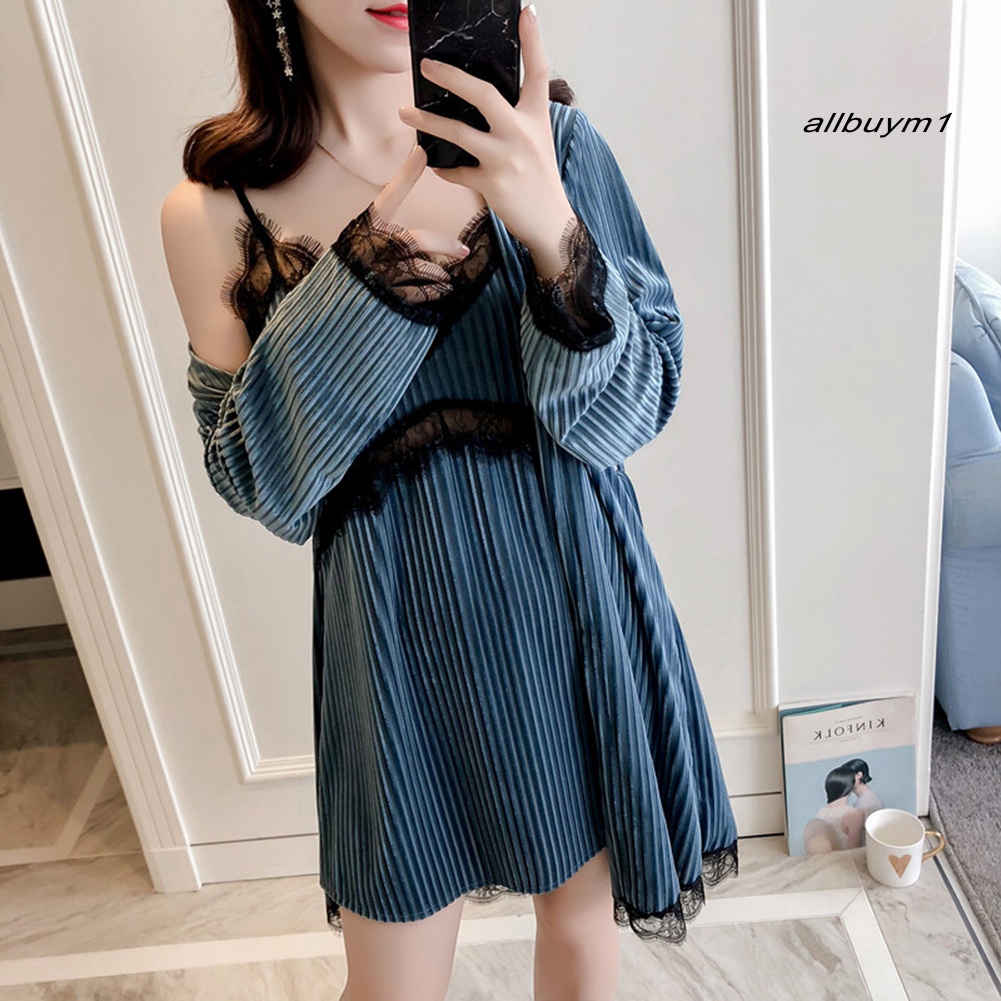 Bộ Đầm Ngủ 2 Dây Tay Dài Phối Ren Gợi Cảm