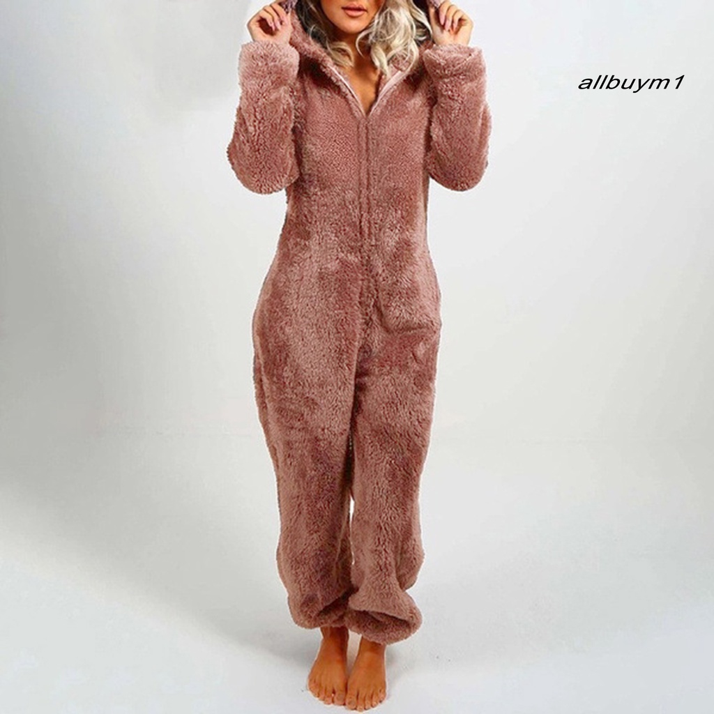 Bộ Đồ Ngủ Liền Thân Tay Dài Màu Sắc Đơn Giản Giữ Ấm Mùa Đông Cho Nữ