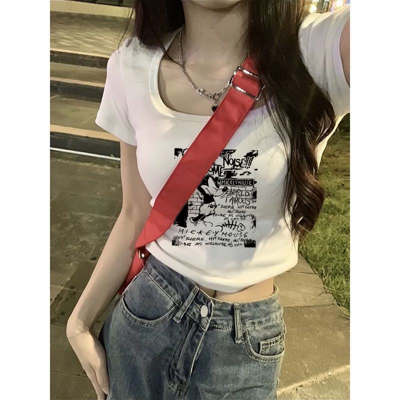 Áo Thun baby tee croptop nữ Cotton Ngắn Tay Cổ Chữ u Eo Cao Thời Trang Mùa Hè Cho Nữ