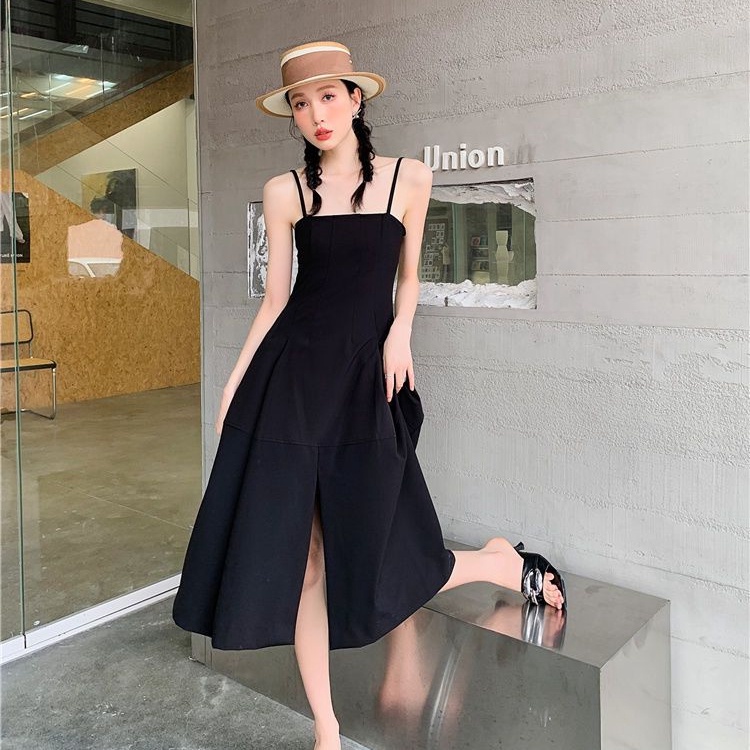 Đầm Dài Dáng Chữ A Lưng Cao Xẻ Tà Màu Đen Thời Trang Mùa Hè Quyến Rũ Cho Nữ