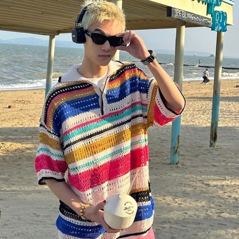 Áo Len Dệt Kim Dáng Rộng Họa Tiết Kẻ Sọc Màu Sắc retro Thời Trang Mùa Hè Cho Nam