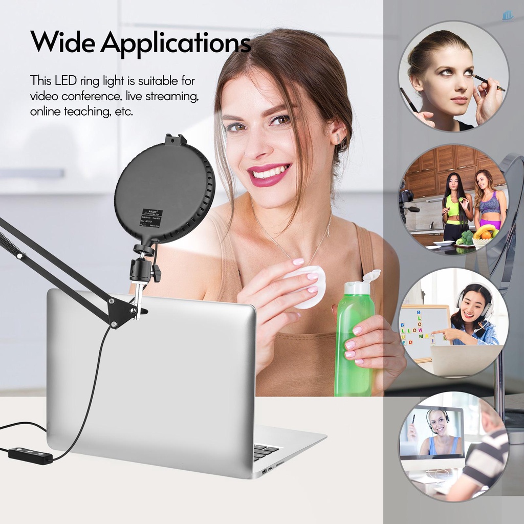 Bộ Đèn LED Tròn 6 Inch Andoer 2 * 5600K USB Kèm Giá Đỡ Kim Loại Để Bàn + 2 Đế Kim Loại Linh Hoạt