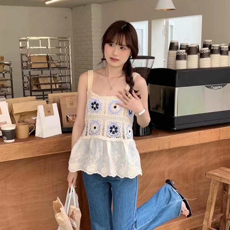 Áo Croptop Dệt Kim Hai Dây Viền Bèo Thời Trang Cho Nữ