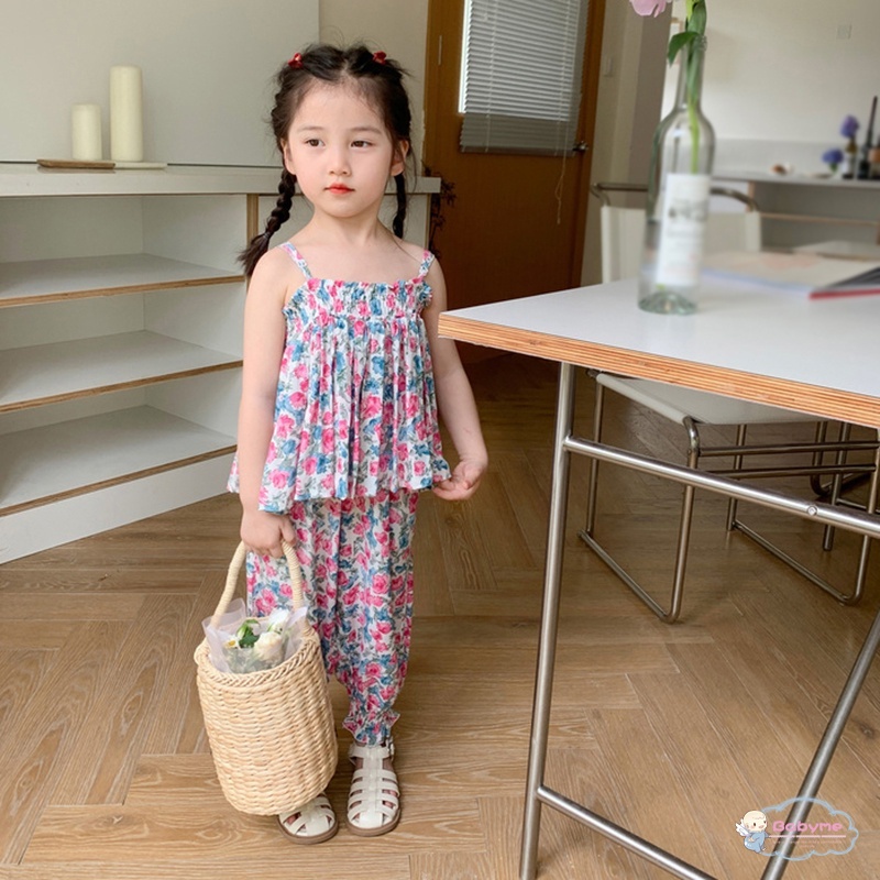 Set Đồ Mùa Hè 2 Món Gồm Áo Hai Dây Họa Tiết Hoa + Quần Dài Chống Muỗi Thân Thiện Với Da Thoáng Khí Thời Trang