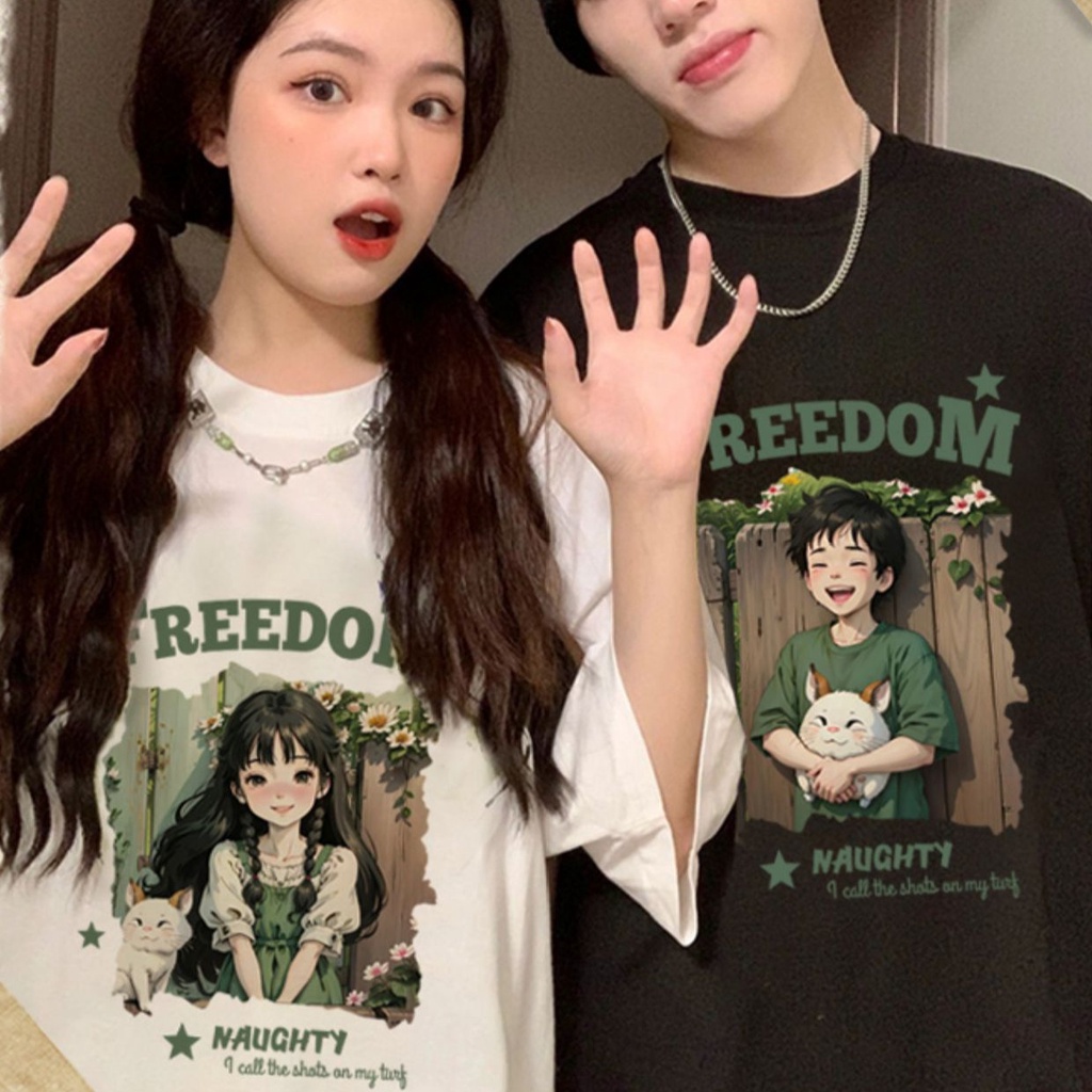 Áo phông unisex trắng đen couple form rộng tay ngắn cổ tròn cho cặp đôi nam nữ