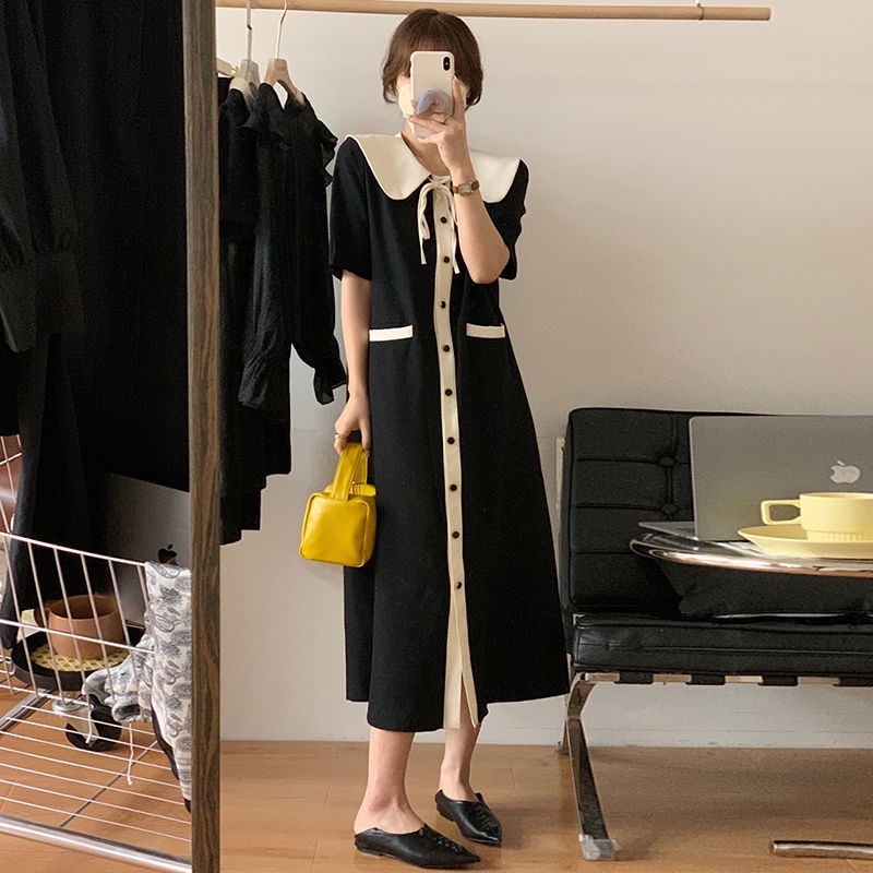 [F &amp; X] Đầm Đen Dáng Chữ A Tay Ngắn Cổ Búp Bê Cỡ Lớn Phong Cách Pháp Ngọt Ngào Thời Trang Mùa Hè Cho Nữ