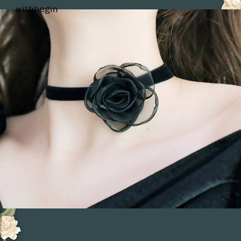 Dây Chuyền Choker Phối Ruy Băng Siêu Dài Màu Đen Đính Hoa Trà Quyến Rũ