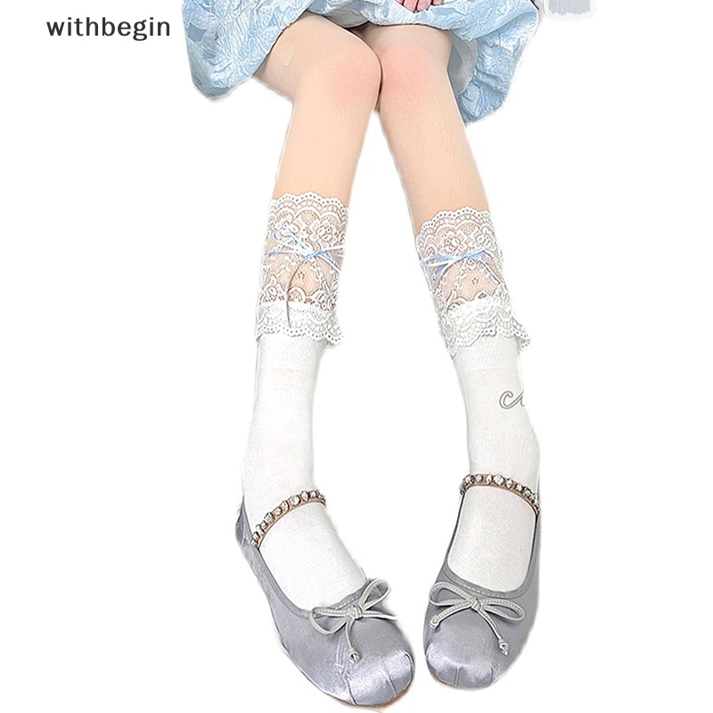 1 Đôi Tất Ren Ống Dài Ngang Bắp Chân Đính Nơ Phong Cách Lolita