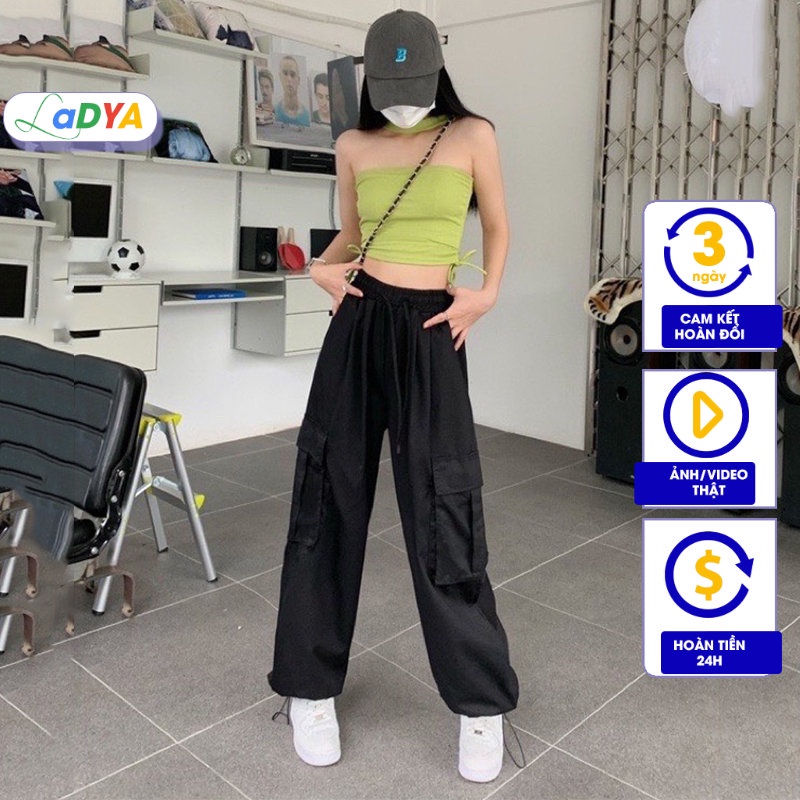 Quần kaki ống rộng túi hộp cạp chun màu đen rêu Ladya M16