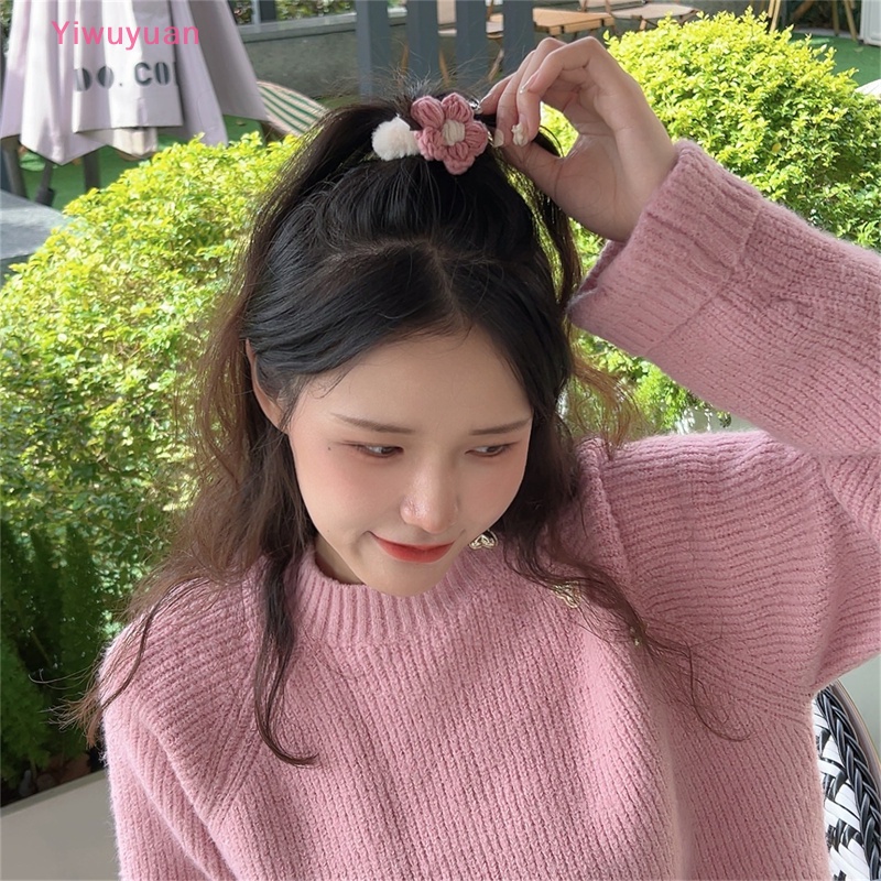 Dây Cột Tóc Cao Su Đính Lông Nhung Hình Tai Thỏ / Gấu Dễ Thương Cho Nữ