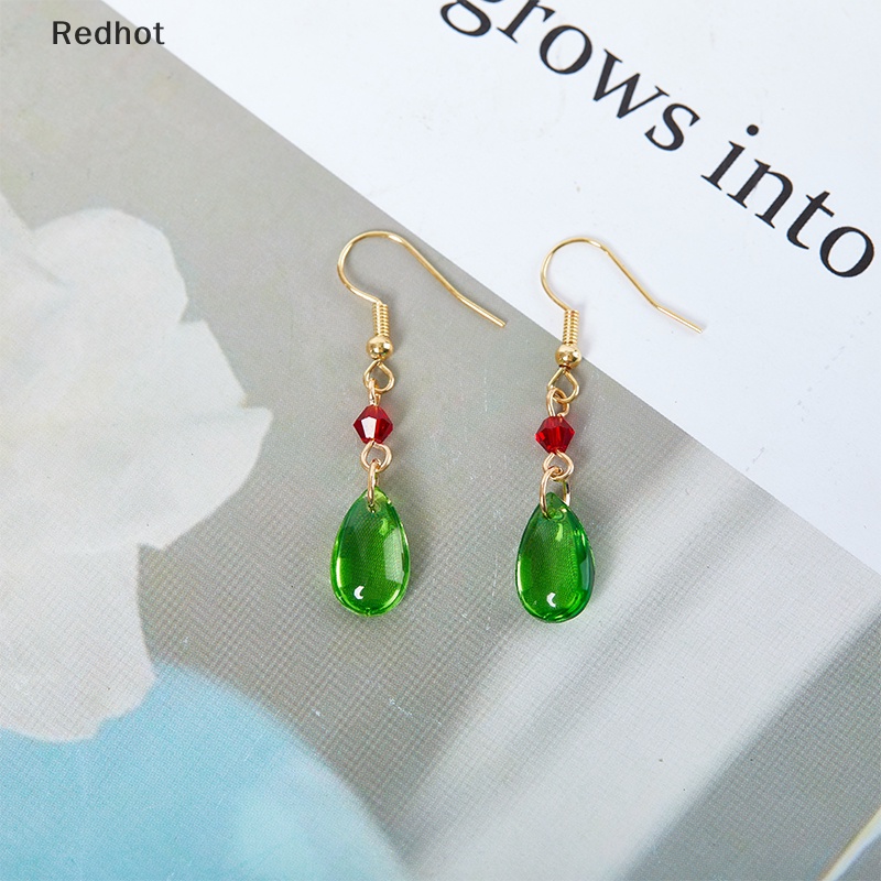 &lt; Redhot &gt; Khuyên Tai Pha Lê Hình Giọt Nước Màu Xanh Lá Cây Đơn Giản Phụ Kiện Hóa Trang Cho Nữ