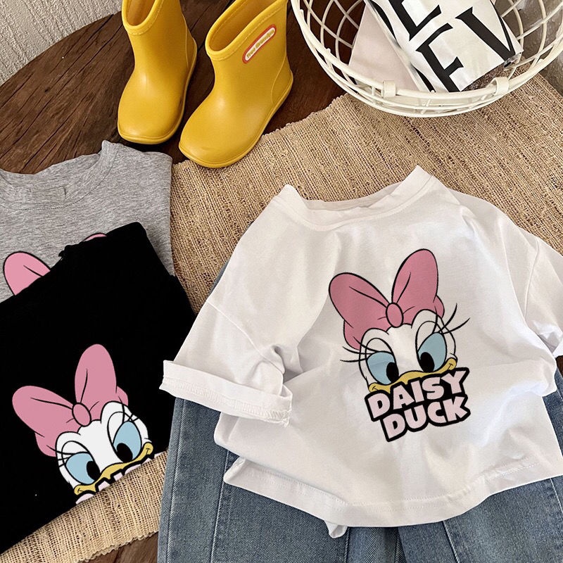 Áo Thun Tay Ngắn 100% Cotton In Họa Tiết Hoạt Hình Chú Vịt Daisy Thời Trang Hè Cho Bé Gái 2023