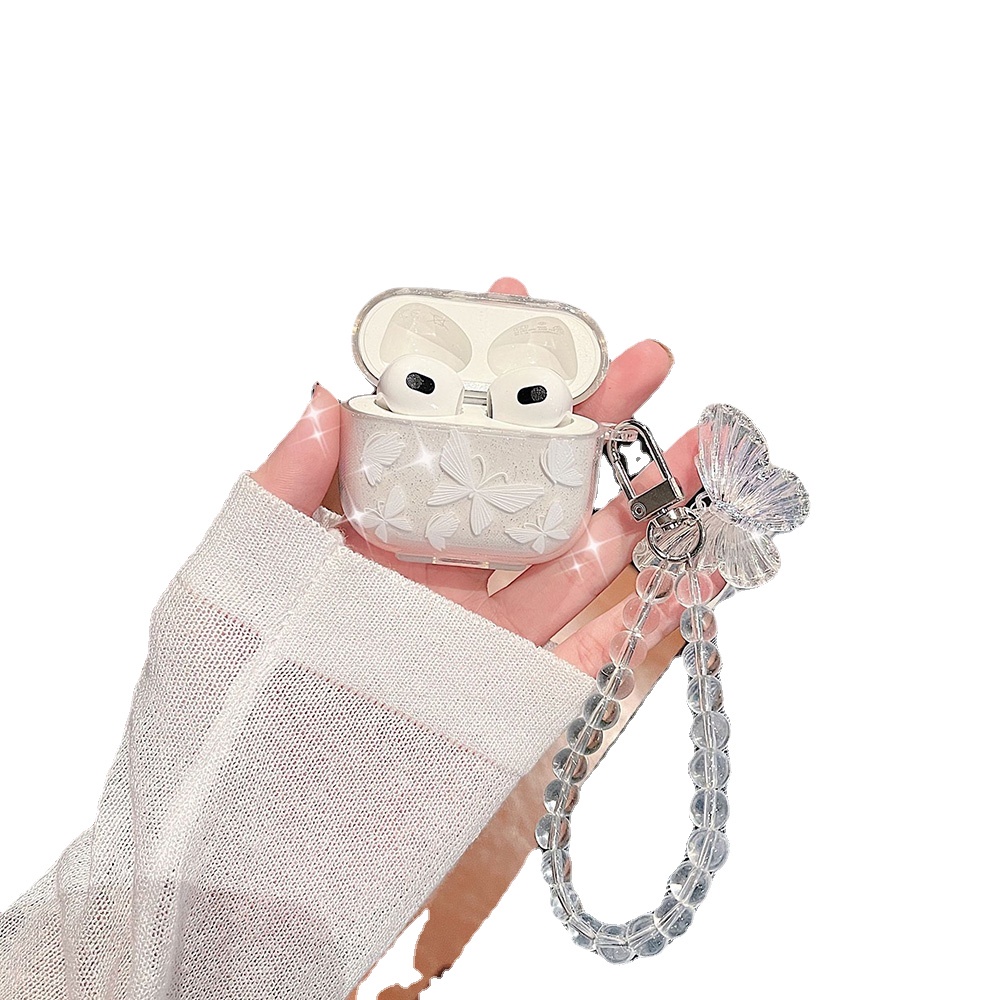 Vỏ Bảo Vệ Hộp Sạc Tai nghe không dây Qipin Bằng TPU Mềm Trong Suốt Hình Bướm Có Dây Xích