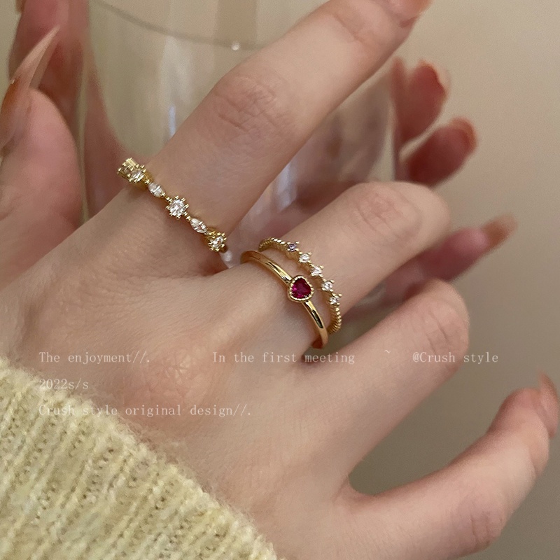 Set 3 Nhẫn Đính Đá Pha Lê Hình Trái Tim Phong Cách Retro