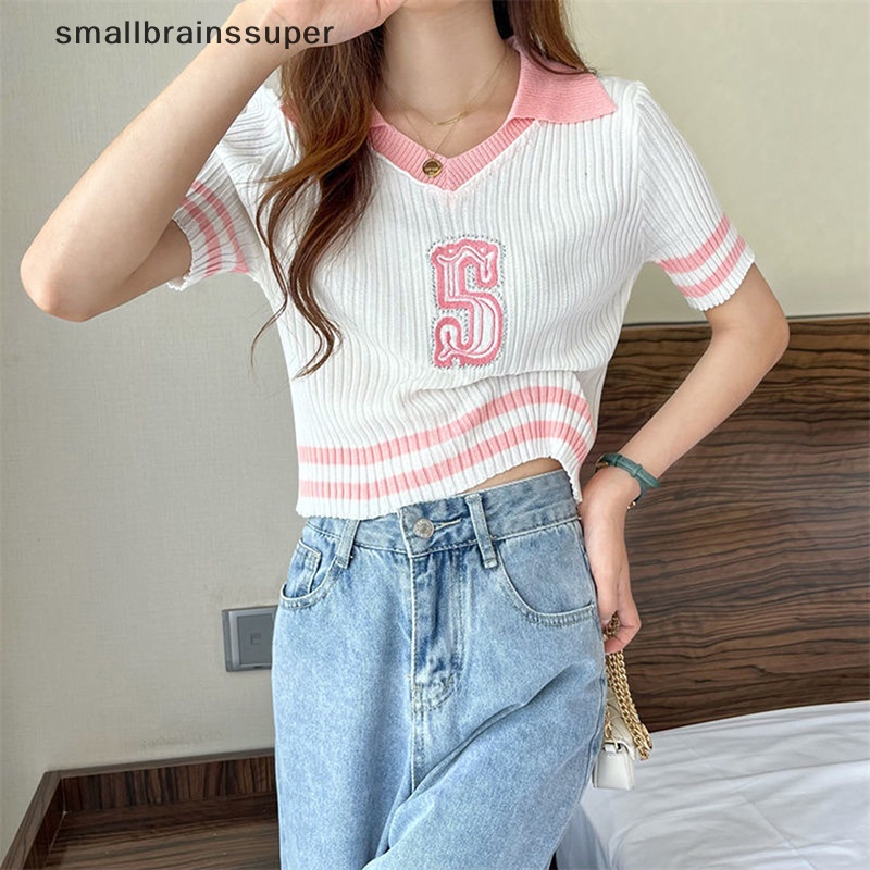 Áo Thun Croptop Dệt Kim Tay Ngắn Thêu Chữ Nhỏ Nhắn Phong Cách Preppy Thời Trang Mùa Hè Cho Nữ SBS