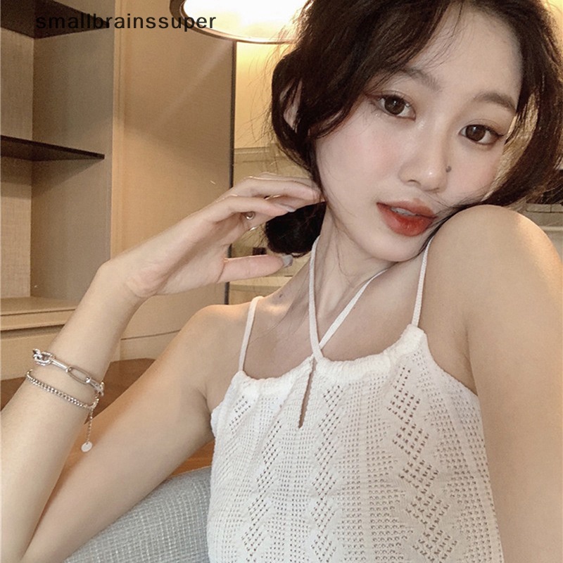 Áo Crop Top Hai Dây Dệt Kim Màu Trơn Gợi Cảm Cho Nữ SBS