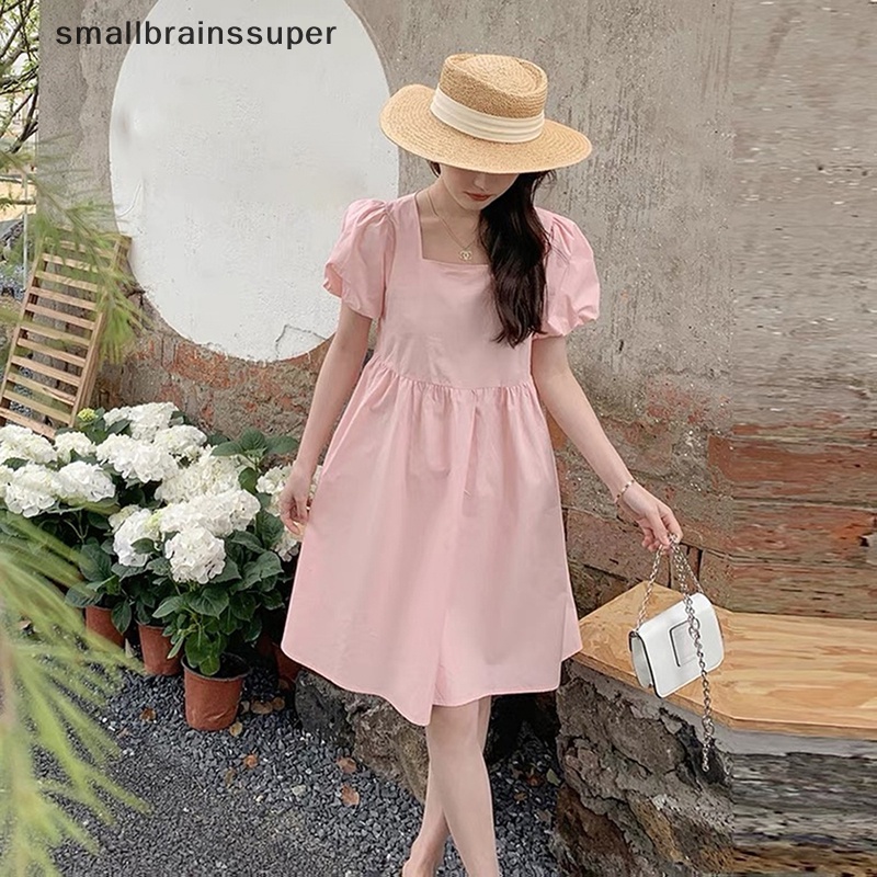 Đầm Tay Phồng Ngắn Cổ Vuông Màu Trơn Đơn Giản Phong Cách Đường Phố Hàn Quốc Cho Nữ