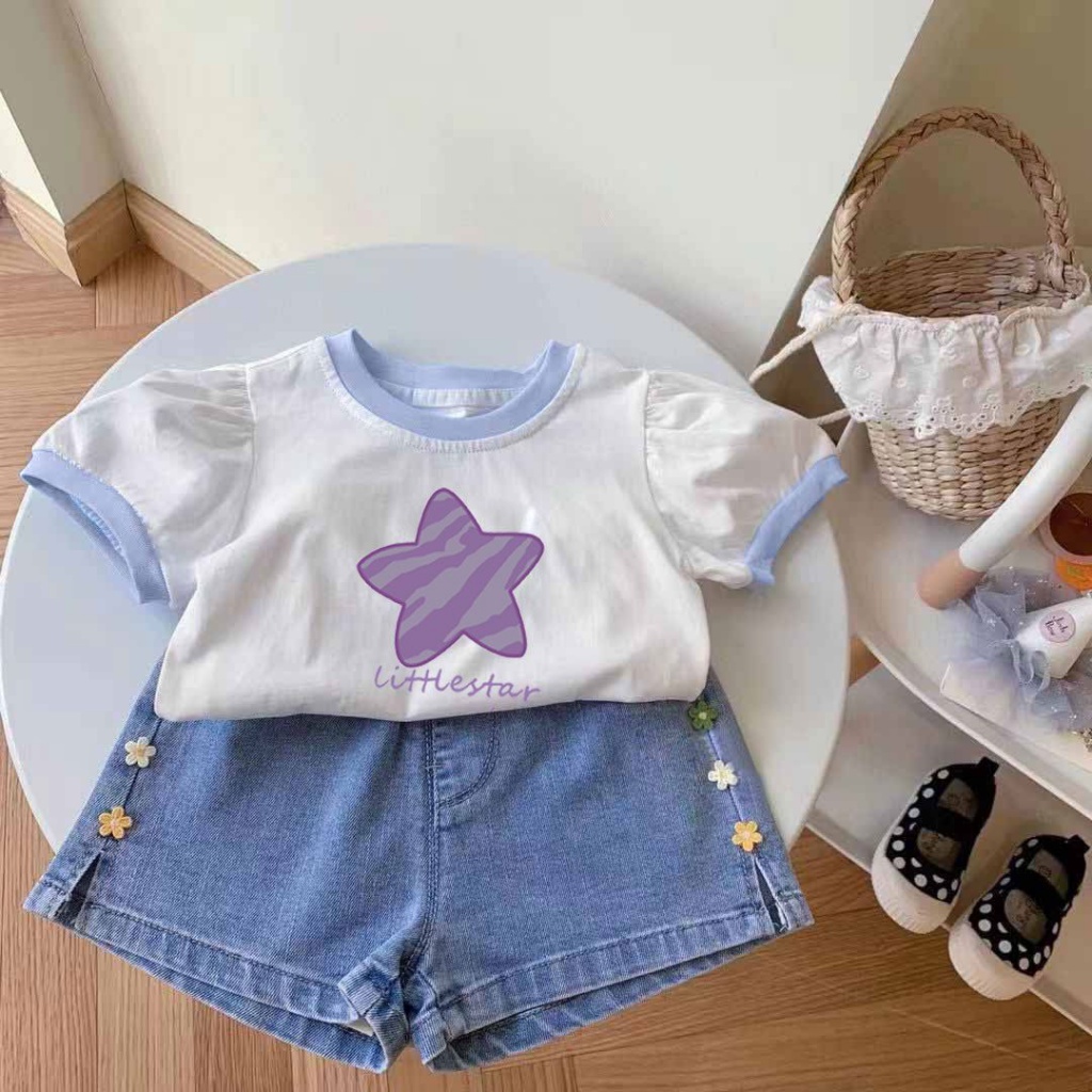 [Hàng Mới Về] Áo Thun Tay Ngắn Phồng Cổ Tròn Bằng Cotton Trơn Thoải Mái Thời Trang Mùa Hè Cho Bé Gái