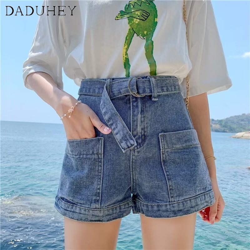 DaDuHey New Korean Version of Ins Multi-pocket Denim Shorts Women's High Waist Loose A- line Pants Hot Pants