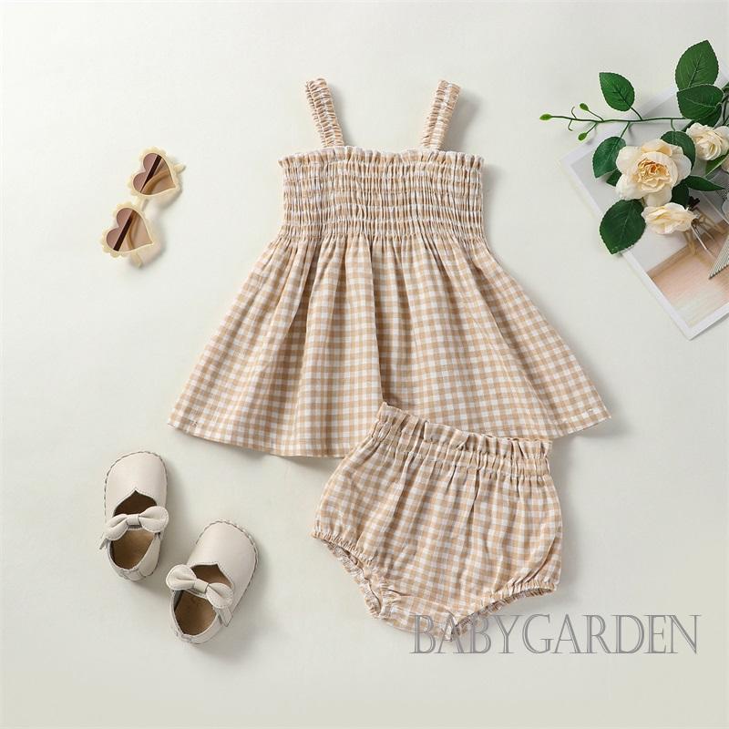 Set Đồ Mùa Hè 2 Món Gồm Áo Hai Dây Sát Nách Dáng Chữ A + Quần Ngắn PP Sọc Caro Cho Bé Gái