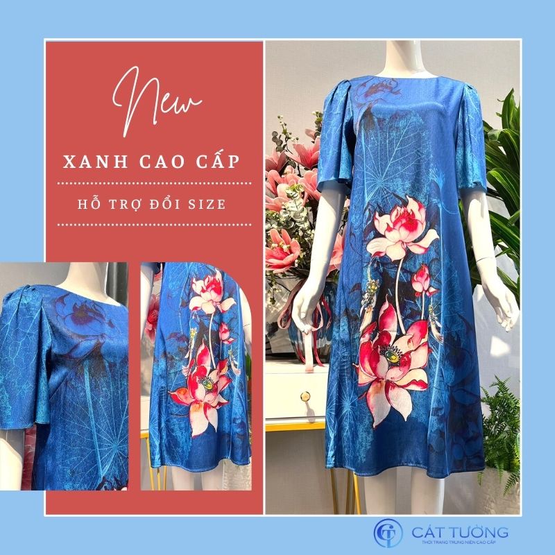 Đầm trung niên mùa Hè mát mịn hoa lạ mắt tặng bà, tặng mẹ đầm xanh cao cấp - Thời trang Cát Tường