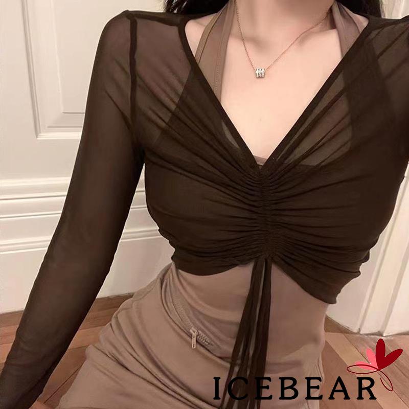 Áo Croptop Tay Dài Cổ Chữ V Xuyên Thấu Màu Trơn Phối Dây Rút Thời Trang Dự Tiệc Cho Nữ