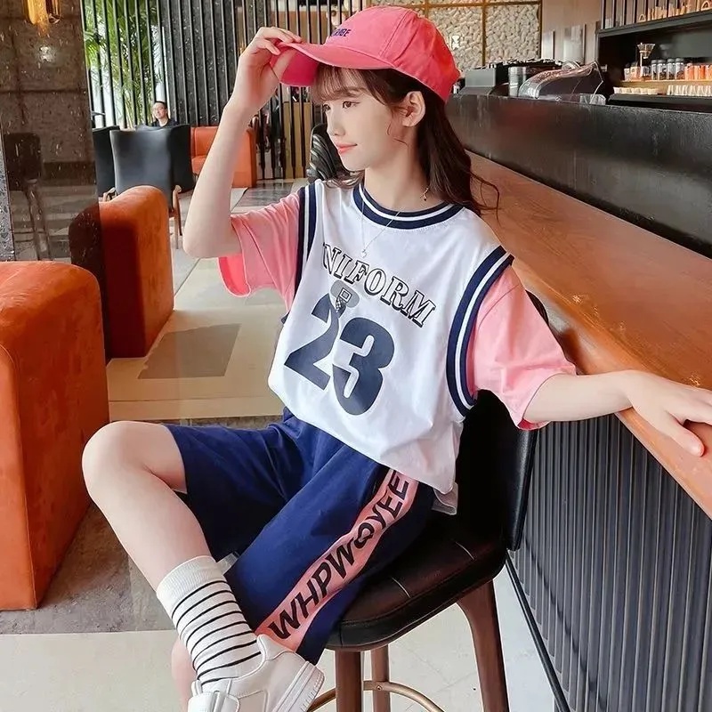 Set Đồ Thể Thao 2 Món Gồm Áo Thun Tay Cộc + Quần Ngắn Thời Trang Mùa Hè Cho Bé Gái 3-13 Tuổi
