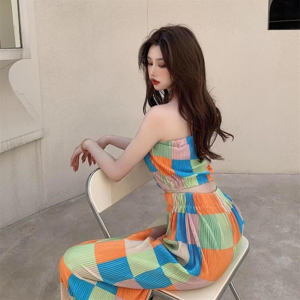 Quần Dài Ống Rộng Lưng Cao Họa Tiết Sọc Caro Thời Trang Cho Nữ