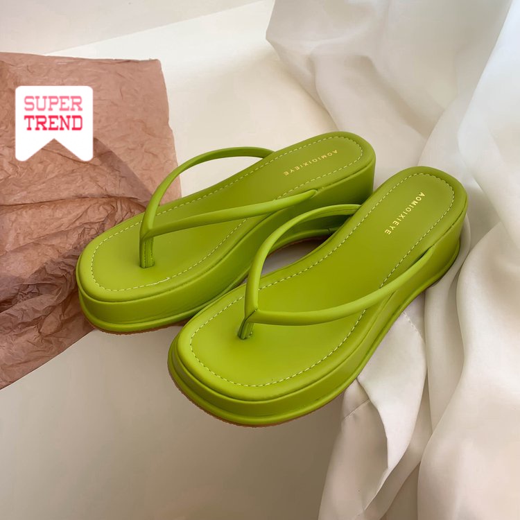 Dép Da PU Đế Bằng 4CM Màu Trơn Thời Trang Đi Biển