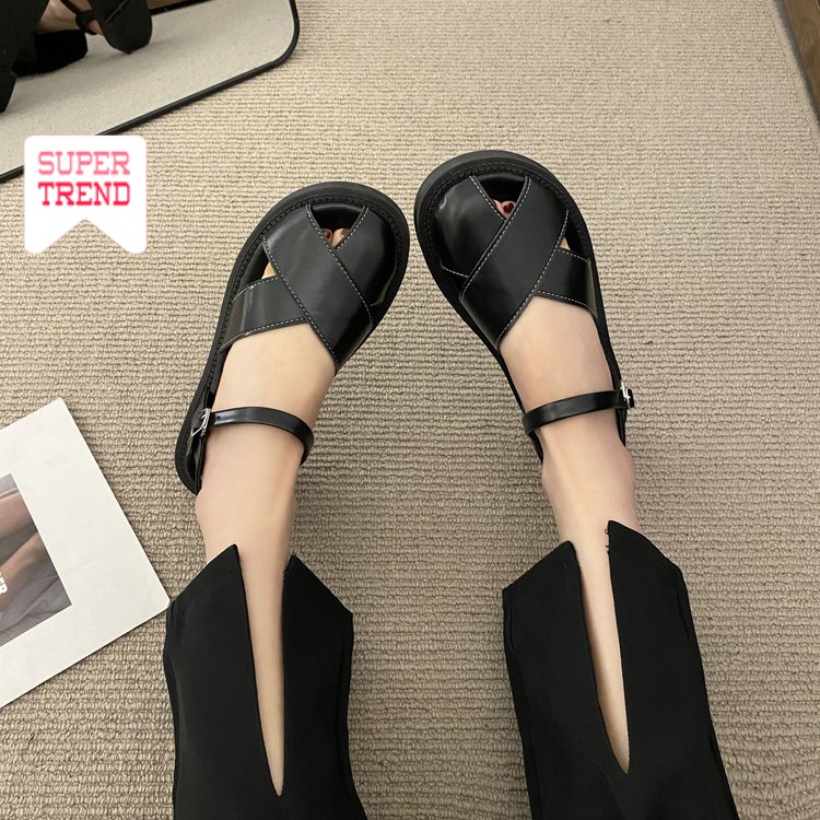 Giày Sandal Bít Mũi Bằng Da PU Đế Dày Mềm Mại Quai Chéo Thời Trang Mùa Hè Cổ Điển