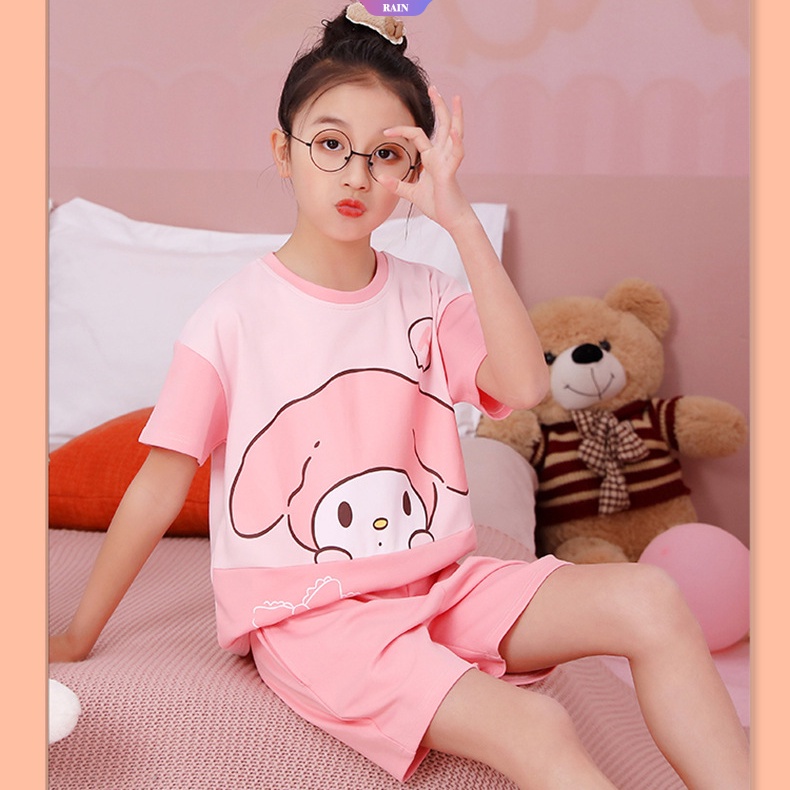 Bộ Đồ Ngủ Mỏng Mùa Hè Tay Cộc Cổ Tròn In Họa Tiết Hoạt Hình My Melody Lotso Pochacco Dễ Thương Cho Bé Gái