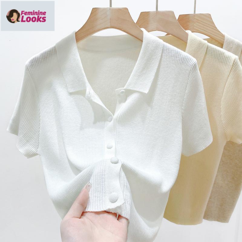 Áo Thun Polo Dệt Kim Tay Ngắn Màu Sắc Xinh Xắn Cho Nữ