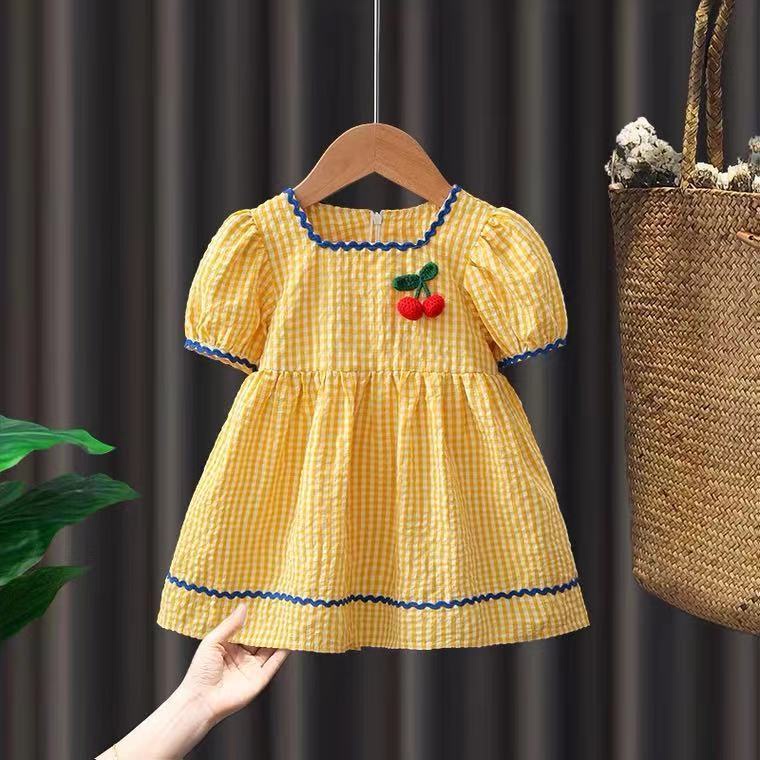 Đầm Công Chúa Tay Ngắn Bằng Vải Cotton Mềm Họa Tiết Caro Mùa Hè Cho Bé Gái