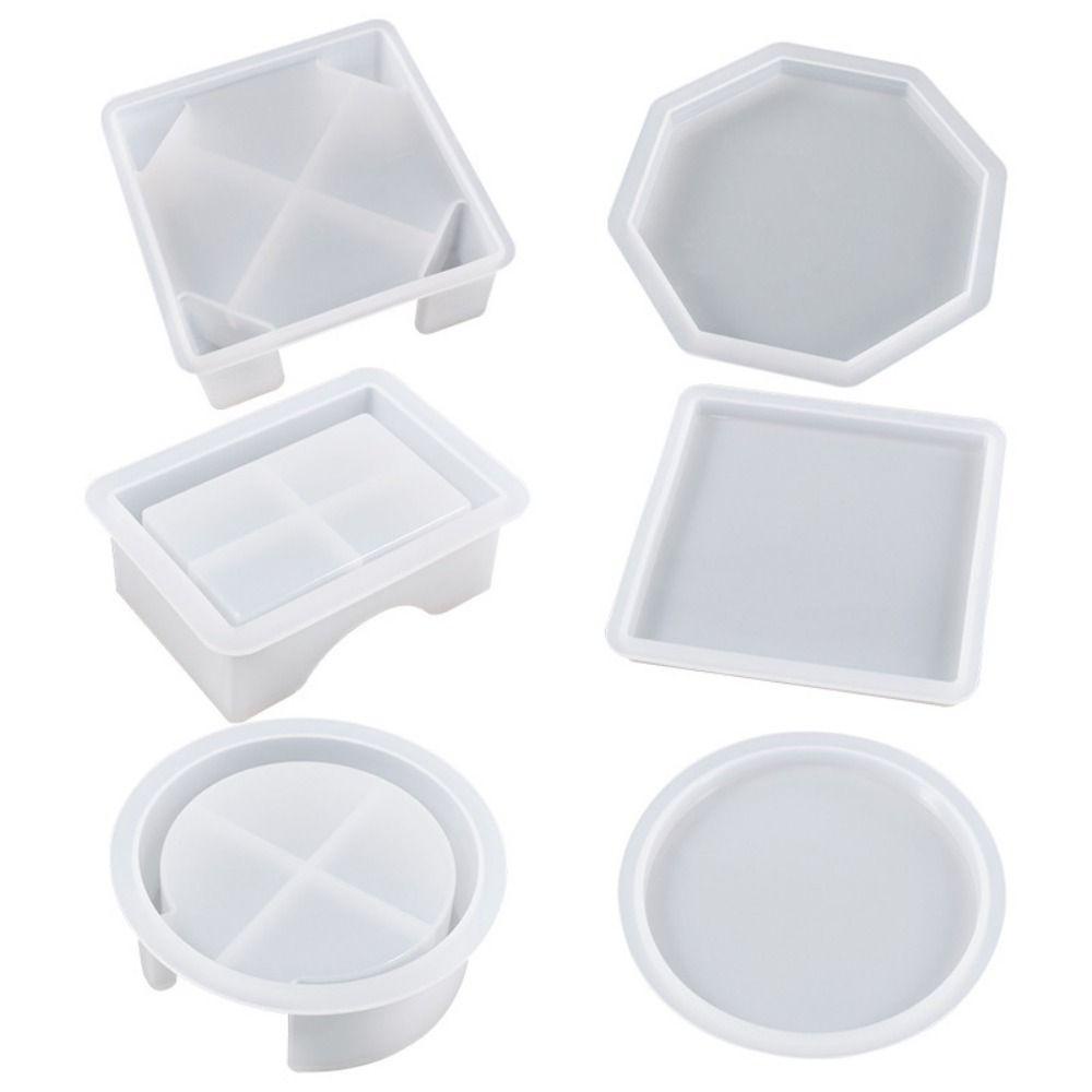Bộ 5 Khuôn Làm Bánh Hình Bát Giác Tròn / Vuông 4 Ngăn 1 Đế Lót Ly Bằng Nhựa Resin DIY