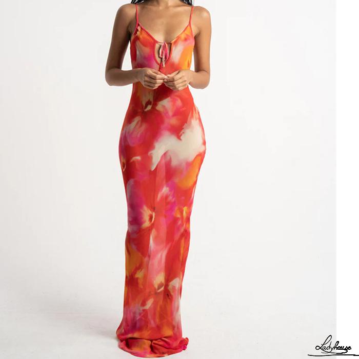 Đầm Dài Không Tay Cổ Chữ V Hở Vai In Họa Tiết Thời Trang Xuân Hè Dành Cho Nữ