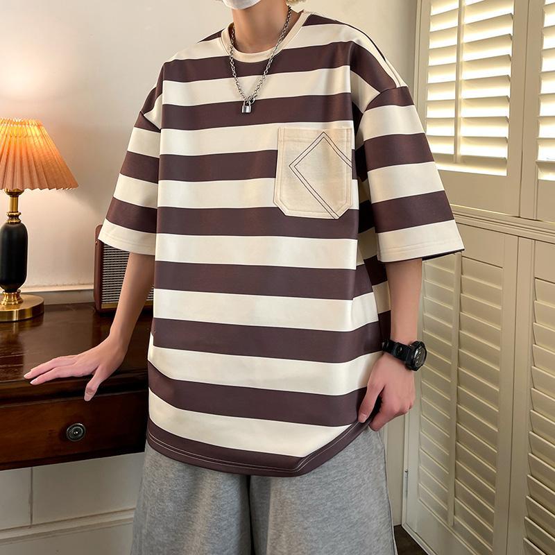 Áo Thun Tay Ngắn Cổ Tròn Họa Tiết Kẻ Sọc Thời Trang Mùa Hè 2023 Mới Cho Nam