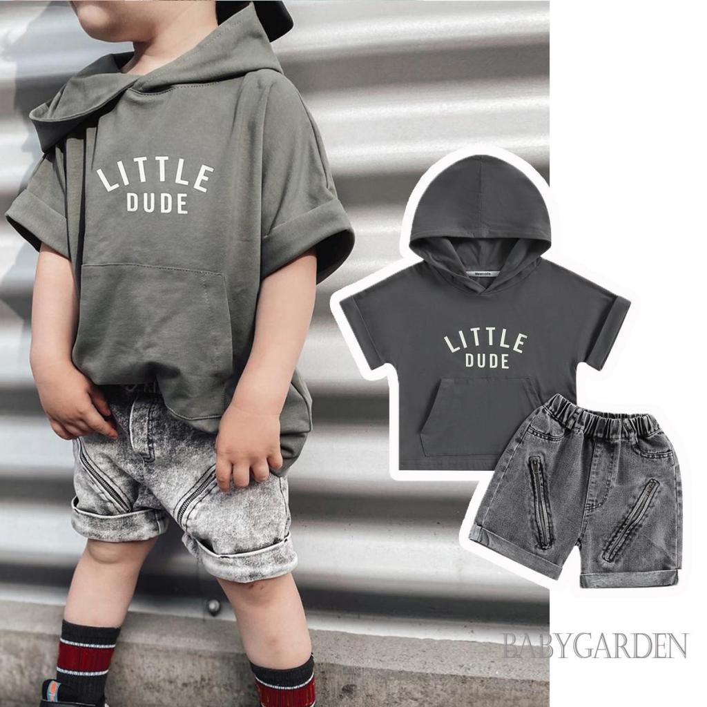 Set Áo Thun Tay Ngắn Có Nón In Chữ + Quần Short Denim Có Khóa Kéo Thời Trang Mùa Hè Cho Bé Trai 1-6 Tuổi