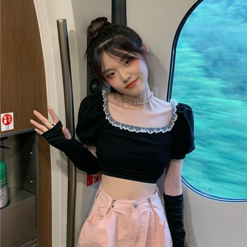 Áo Croptop Cổ Vuông Tay Phồng Phối Ren Phong Cách Hàn Quốc Thời Trang Cho Nữ
