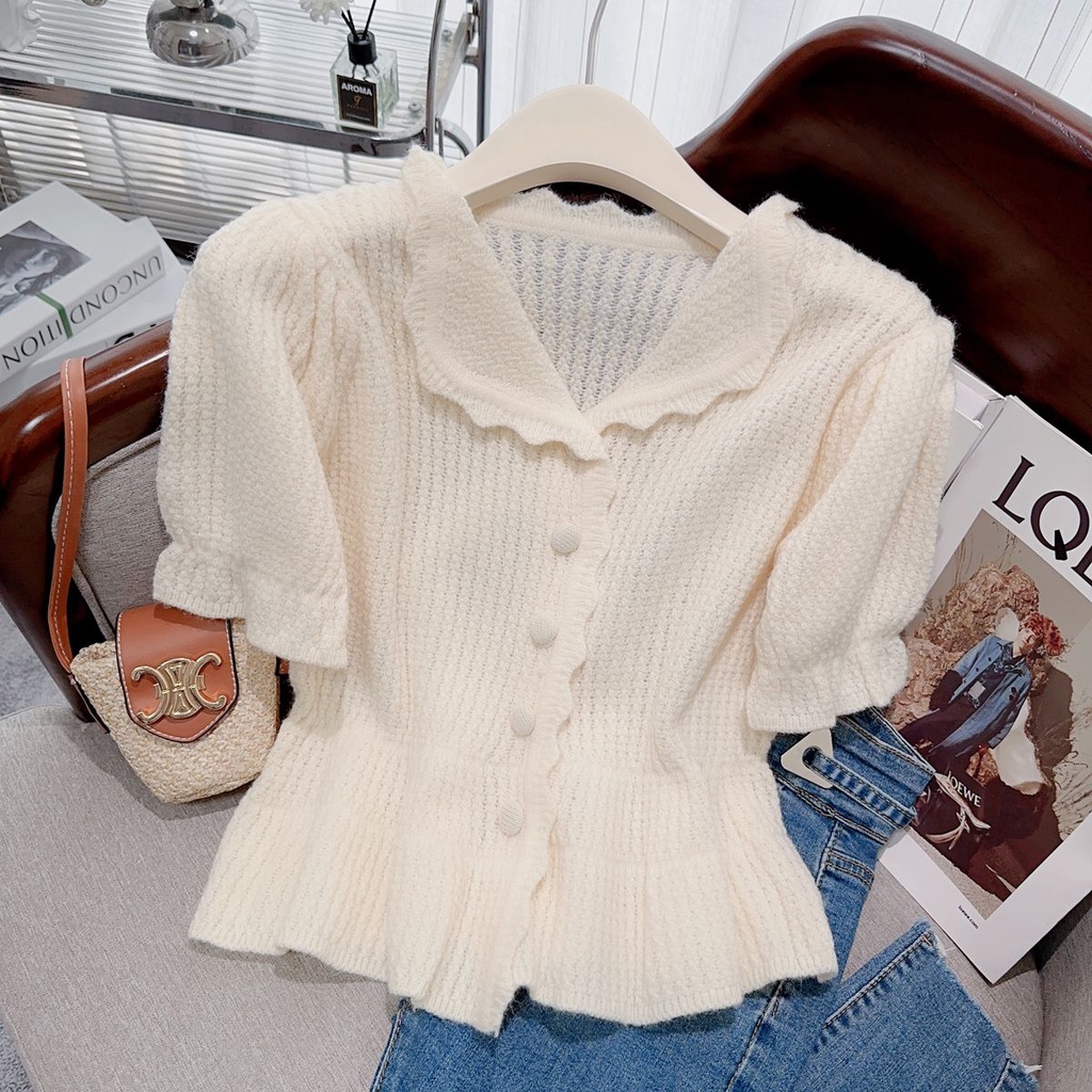 Áo Cardigan Dệt Kim Tay Ngắn Cổ Chữ v Phối Dây Xích Thời Trang Mùa Hè Hàng Mới Dành Cho Bạn Nữ