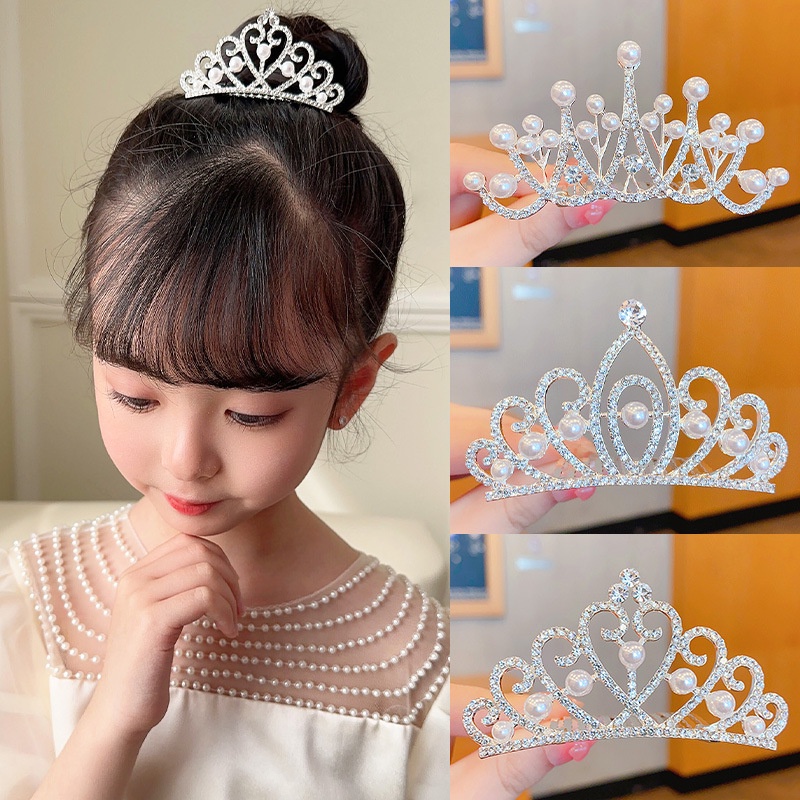 Kẹp Tóc Hình Vương Miện Công Chúa Đính Ngọc Trai Giả Dễ Thương Cho Bé Gái
