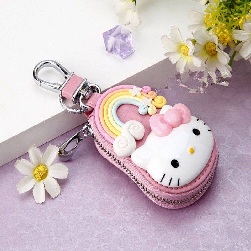 High-End Cowhide Cute Kitty Key Case Female Korean Creative Genuine Leather Car Key Ring Female Cartoon Key Bag nnxE