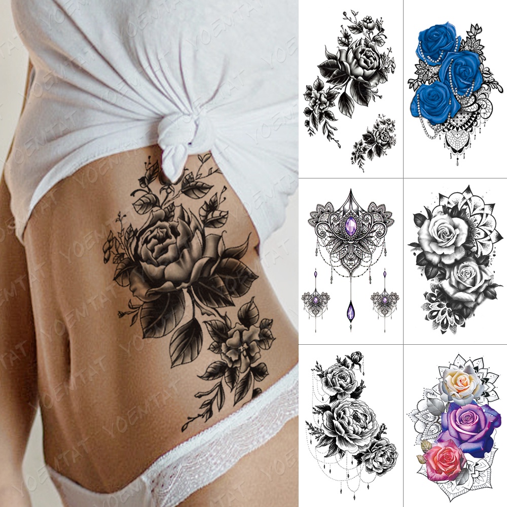 Hình Xăm Dán Tạm Thời Chống Nước Hình Hoa Mẫu Đơn Hoa Hồng Phác Thảo Henna Màu Đen Cho Nam Và Nữ