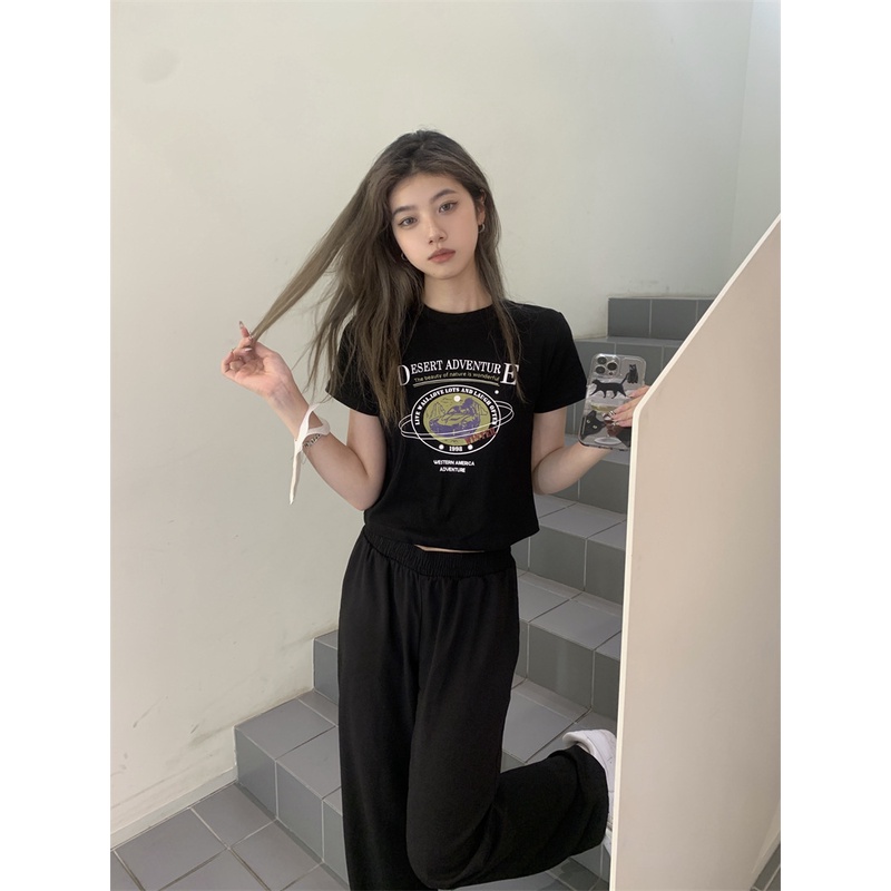 Áo Thun Tay Ngắn Cổ Tròn In Chữ Phong Cách Retro Dành Cho Nữ