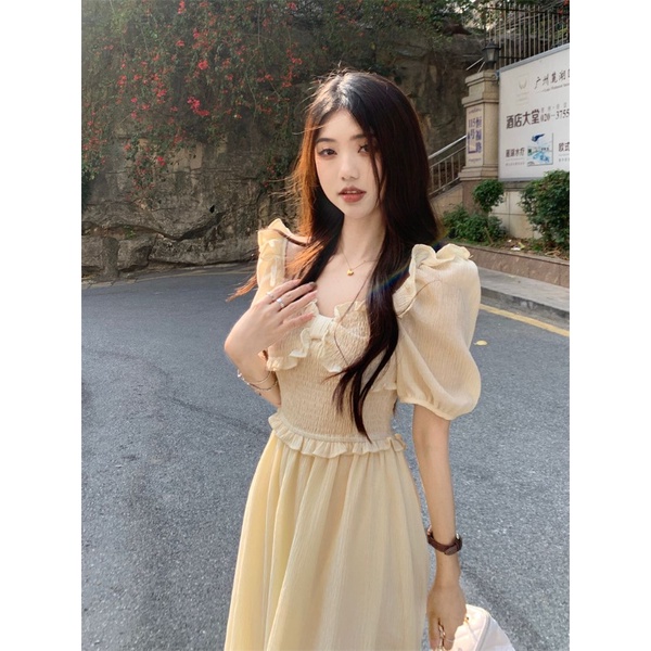 Đầm Chữ A Tay Ngắn Phồng Màu Trơn Đơn Giản Thời Trang Mùa Hè