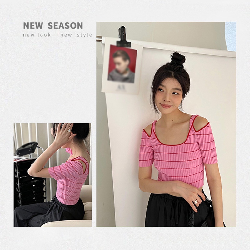 Áo Thun Croptop Tay Ngắn Cổ Tròn Họa Tiết Kẻ Sọc Màu Sắc Tương Phản Thời Trang Mùa Hè Cho Nữ