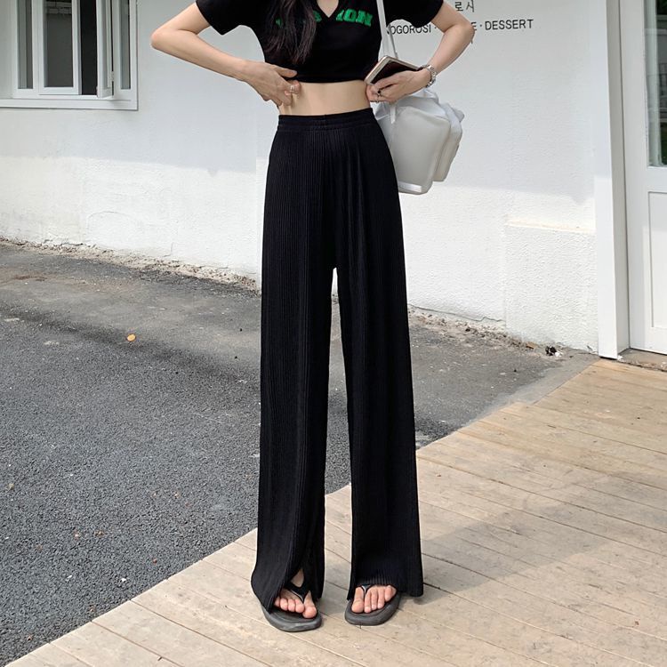 IELGY     Quần Lười Ống Rộng Lưng Cao Xếp Ly Màu Sắc Tinh Khiết Bằng Lụa Mát Mẻ Dành Cho Bạn Nữ