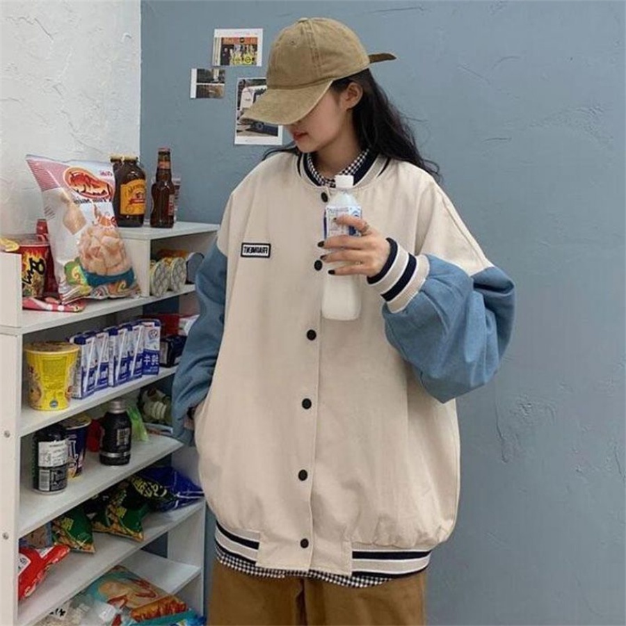 Áo Khoác Bóng Chày Dày Hai Lớp Dáng Rộng Phong Cách Harajuku Đường Phố Mỹ Cho Nữ