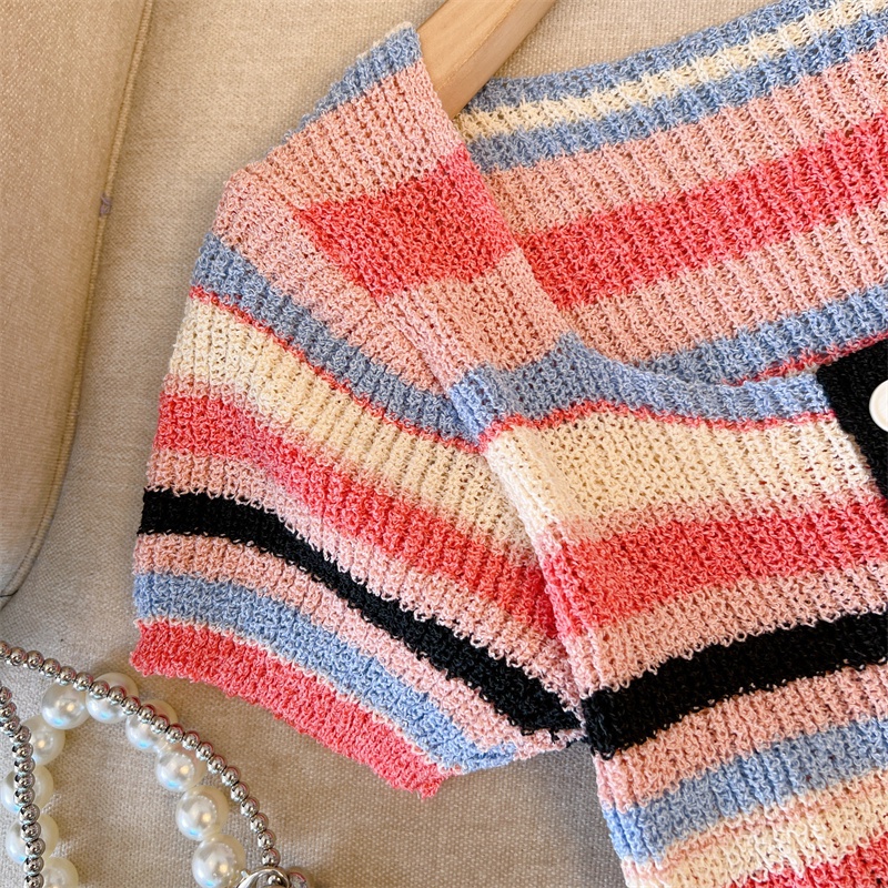 Áo Thun Ngắn Tay Cổ Vuông Họa Tiết Kẻ Sọc Cầu Vồng Thời Trang Mùa Hè Hàng Mới Dành Cho Bạn Nữ